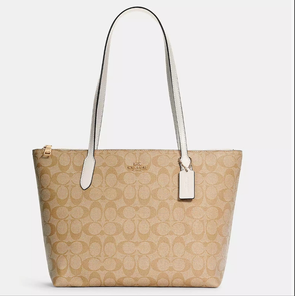NWT Coach Gold/Light Khaki Chalk Zip Top Tote In Signature Canvas